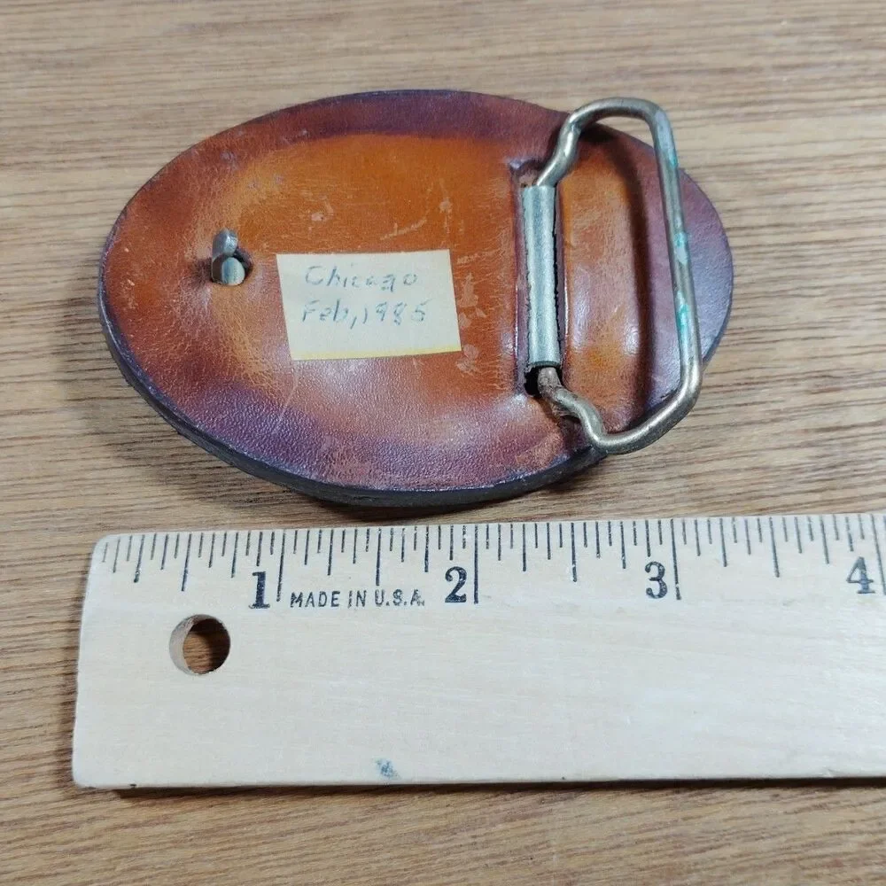 Vintage Leather Unicorn Belt Buckle Oval Carved Margical Mythical SIGNED 1983